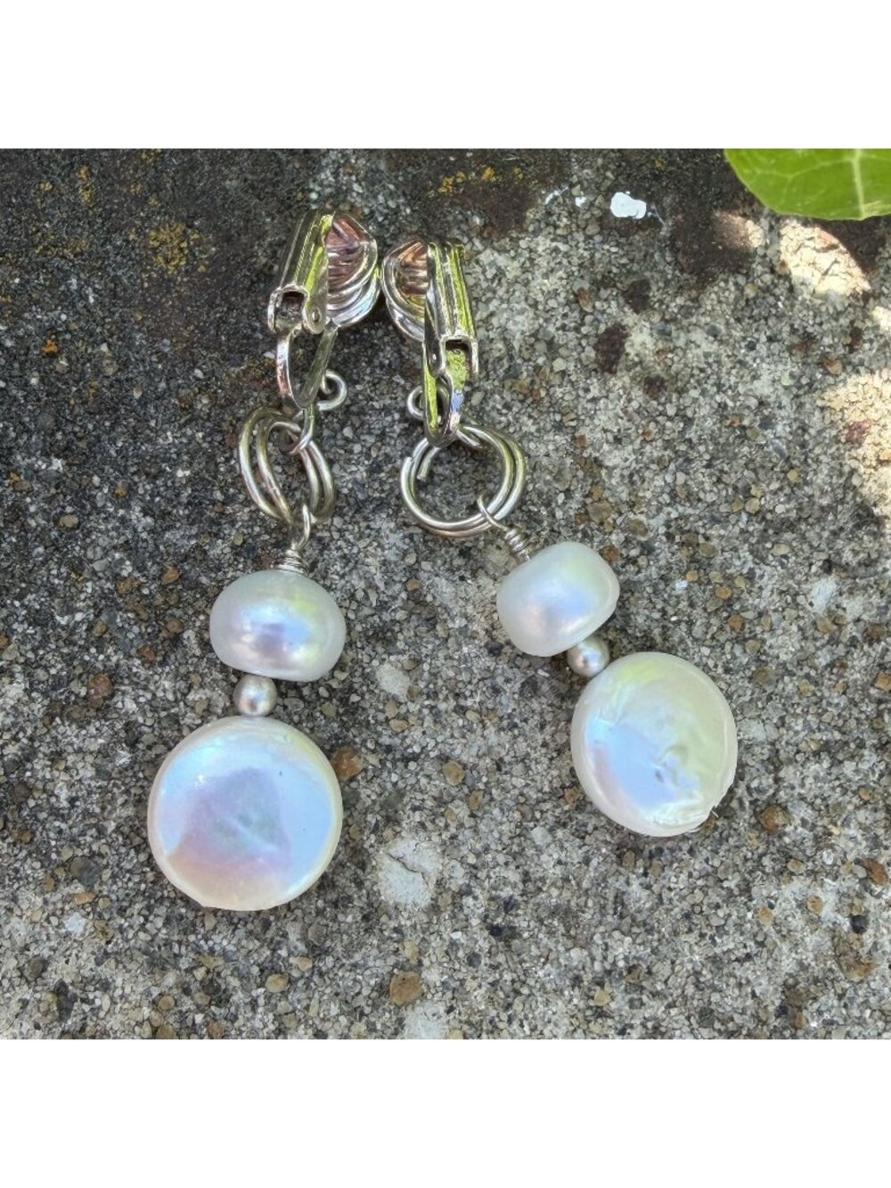 Clip On Dangle Earrings White Coin Freshwater Pearls Silver Accents Handmade VTG